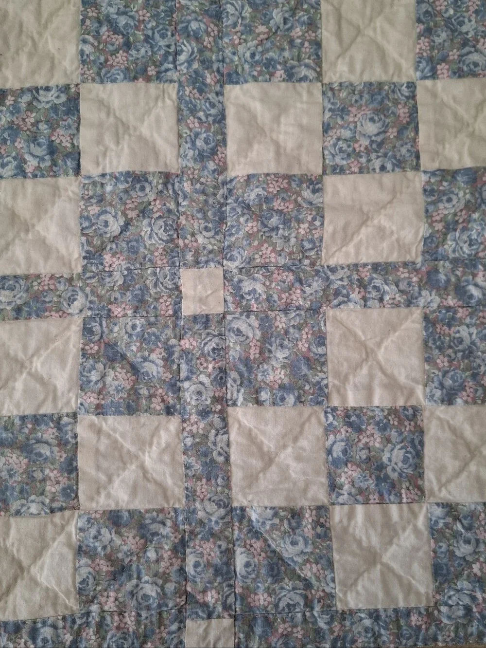 Handmade Baby Crib Patchwork Quilt Blue Flannel Back Lap Cottage Grandma Core